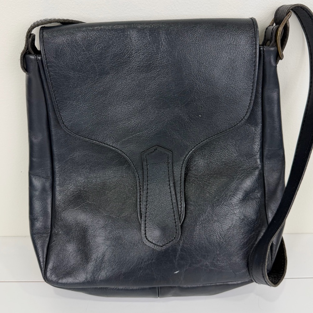 Vintage Black Leather Shoulder Bag Blue Undertone Thick Leather